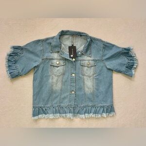 Light Blue Denim Jacket with Ruffle Sleeves